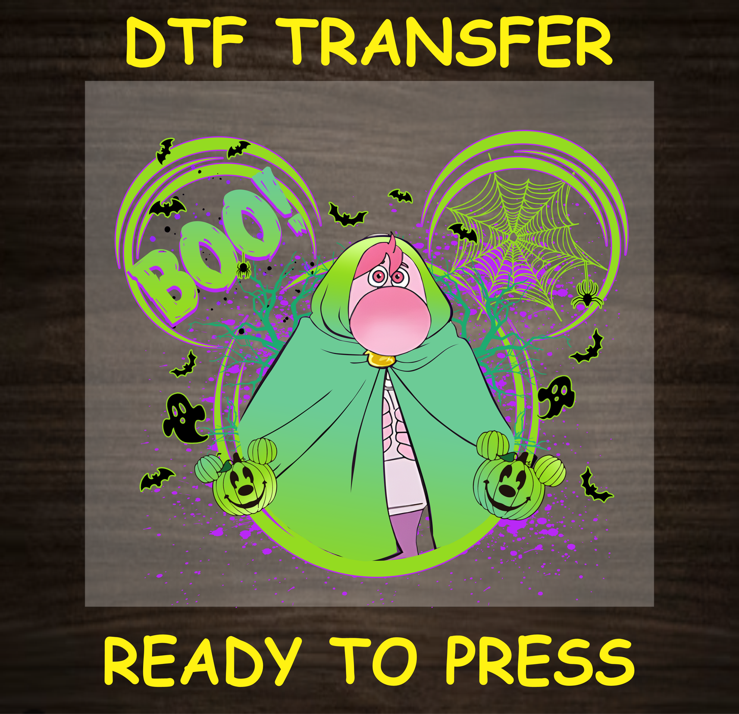 Character in a green cloak with the text 'BOO!' Halloween DTF transfer.