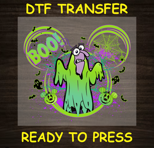 Ghost character with the text 'BOO!' Halloween DTF transfer.