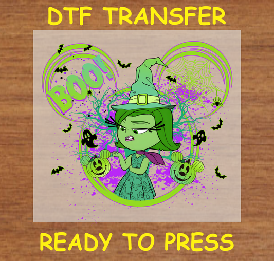 Sassy witch character with the text 'BOO!' Halloween DTF transfer.