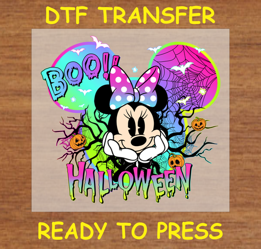 Cute character with a polka-dotted bow, surrounded by Halloween elements, text 'BOO!' and 'Halloween' DTF transfer.