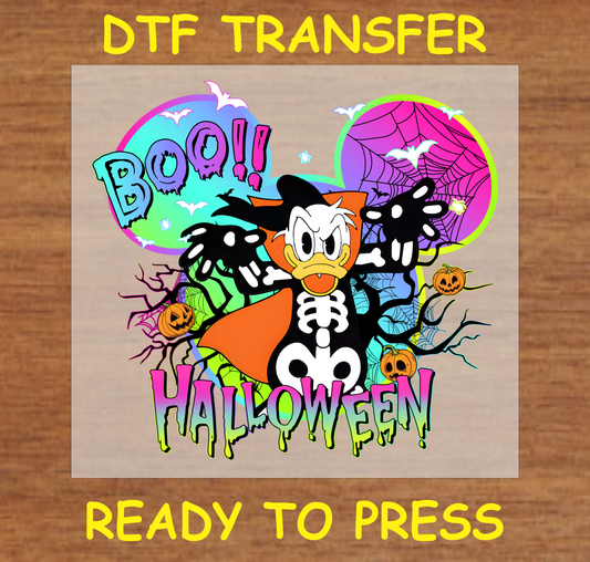 Skeleton character with Halloween elements like spider webs and pumpkins in a colorful DTF transfer.