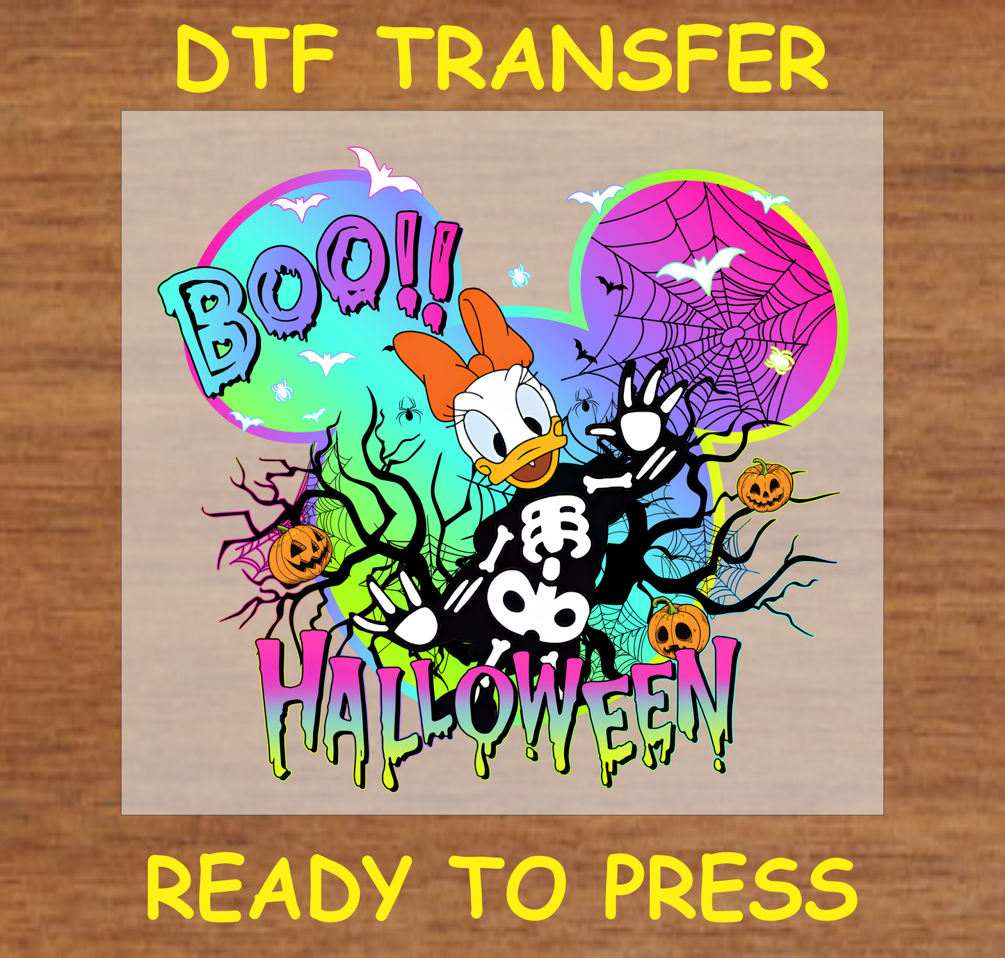 Cartoon skeleton Halloween DTF transfer with "BOO!" and "HALLOWEEN" text featuring pumpkins, bats, and spider webs.