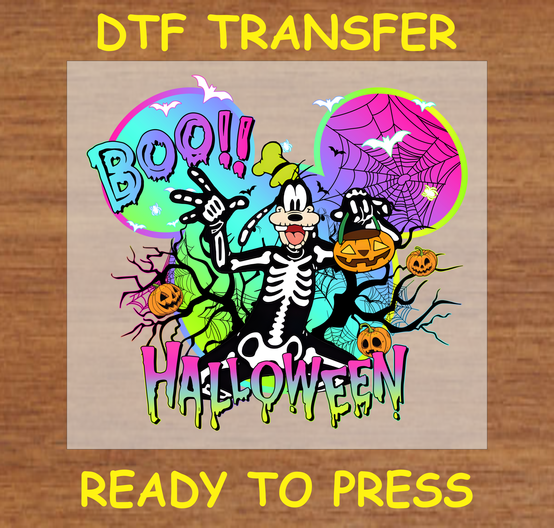 Cartoon skeleton holding a jack-o-lantern with "BOO!" and "HALLOWEEN" text, DTF transfer for Halloween-themed apparel.