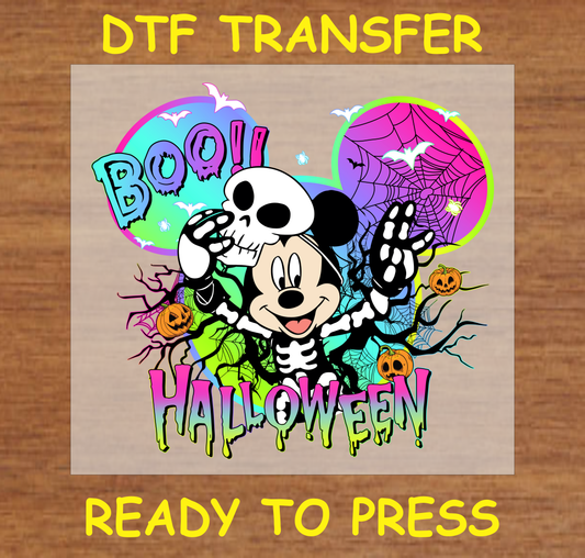 Cartoon skeleton wearing a skull mask with "BOO!" and "HALLOWEEN" text, DTF transfer for Halloween apparel.