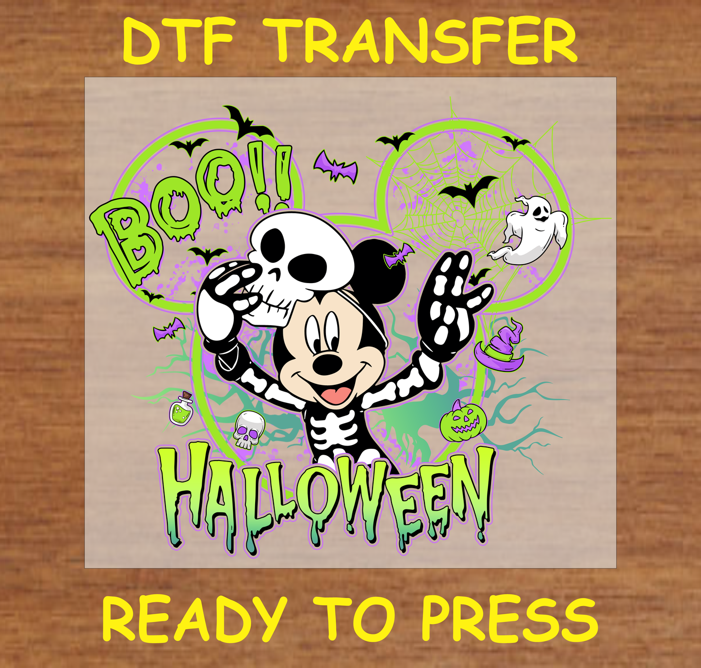 Cartoon skeleton with skull mask, ghosts, bats, and "BOO!" and "HALLOWEEN" text, DTF transfer for Halloween-themed apparel.