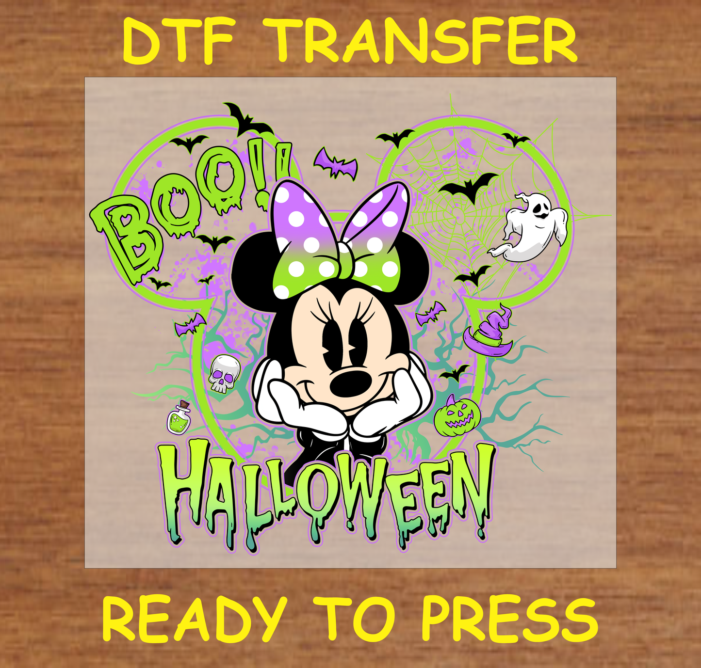 Cartoon character with a bow, ghosts, bats, and "BOO!" and "HALLOWEEN" text, DTF transfer for Halloween-themed apparel.