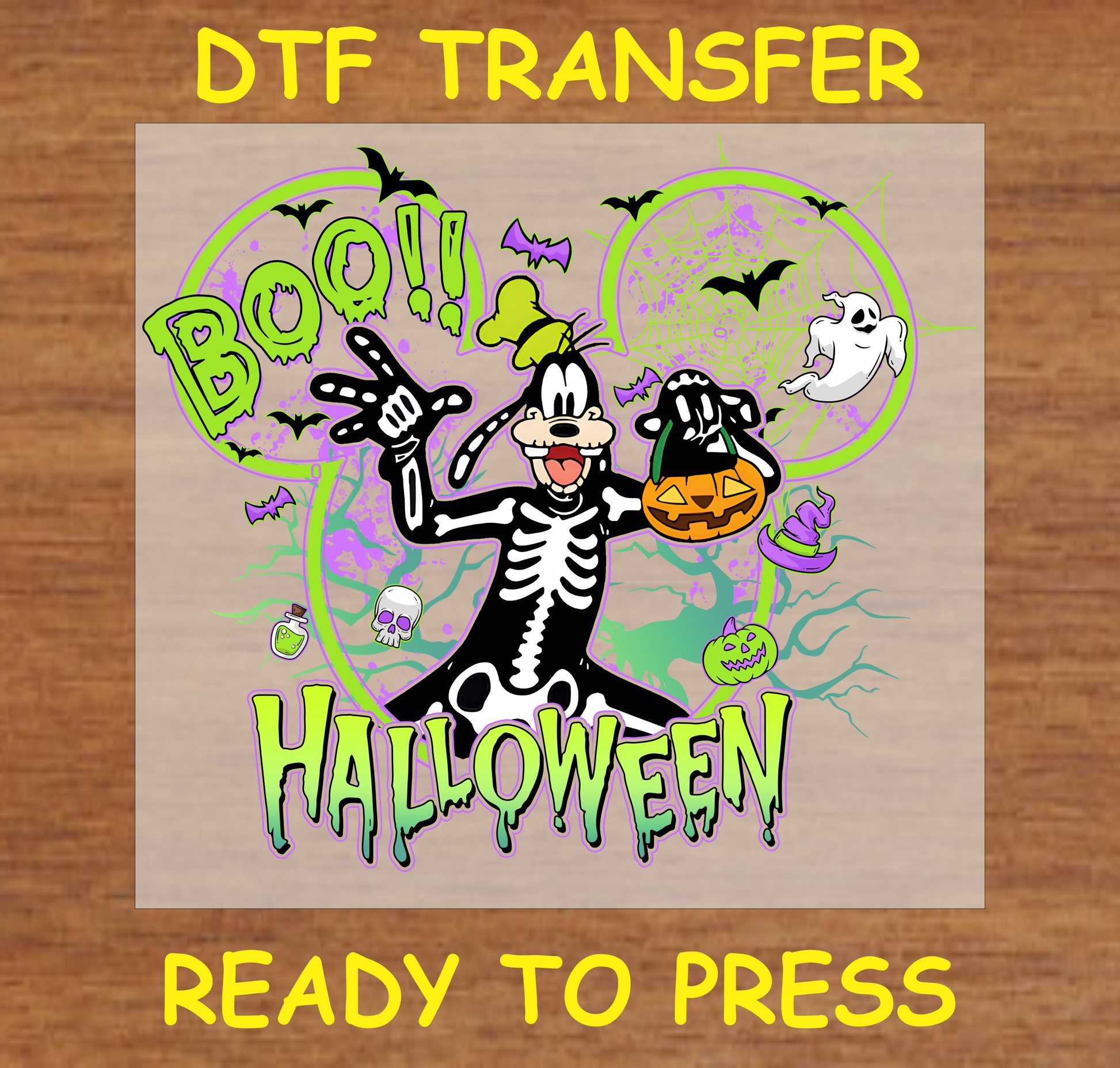 Cartoon skeleton with a jack-o-lantern, ghosts, bats, and "BOO!" and "HALLOWEEN" text, DTF transfer for Halloween-themed apparel.