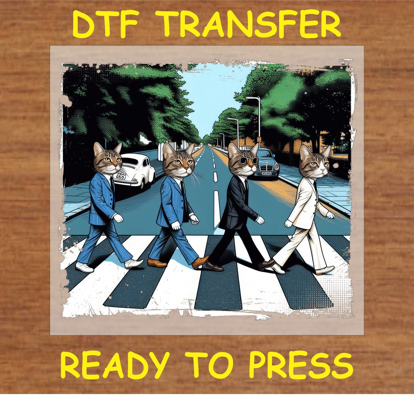 Cats crossing the street like the Road Cats album cover DTF transfer ready to press