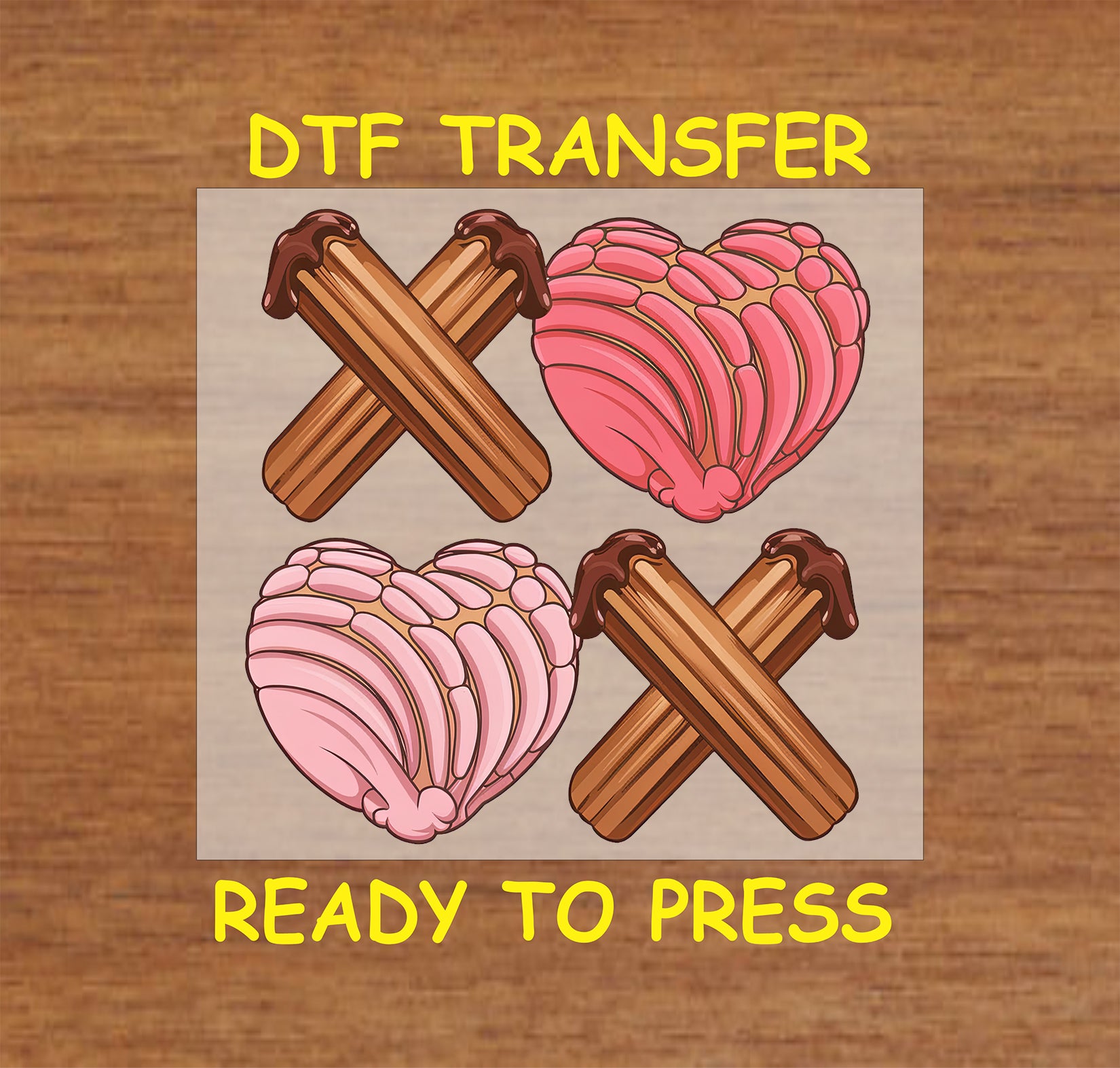 "Churro and Heart XOXO DTF Transfer with chocolate-dipped churros and pink and red hearts in a Valentine's Day theme."

