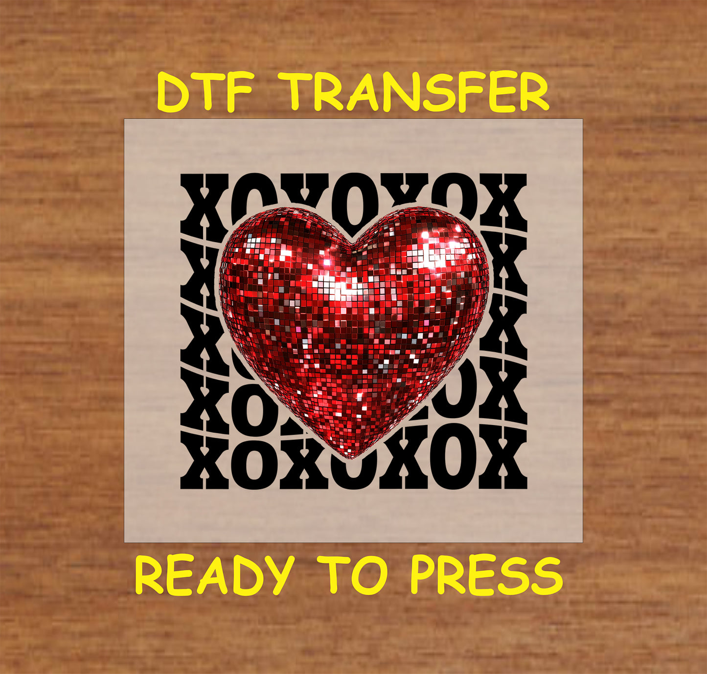 "XOXO Glitter Heart DTF Transfer featuring a red glitter heart over a black XOXO pattern, perfect for Valentine's Day."

