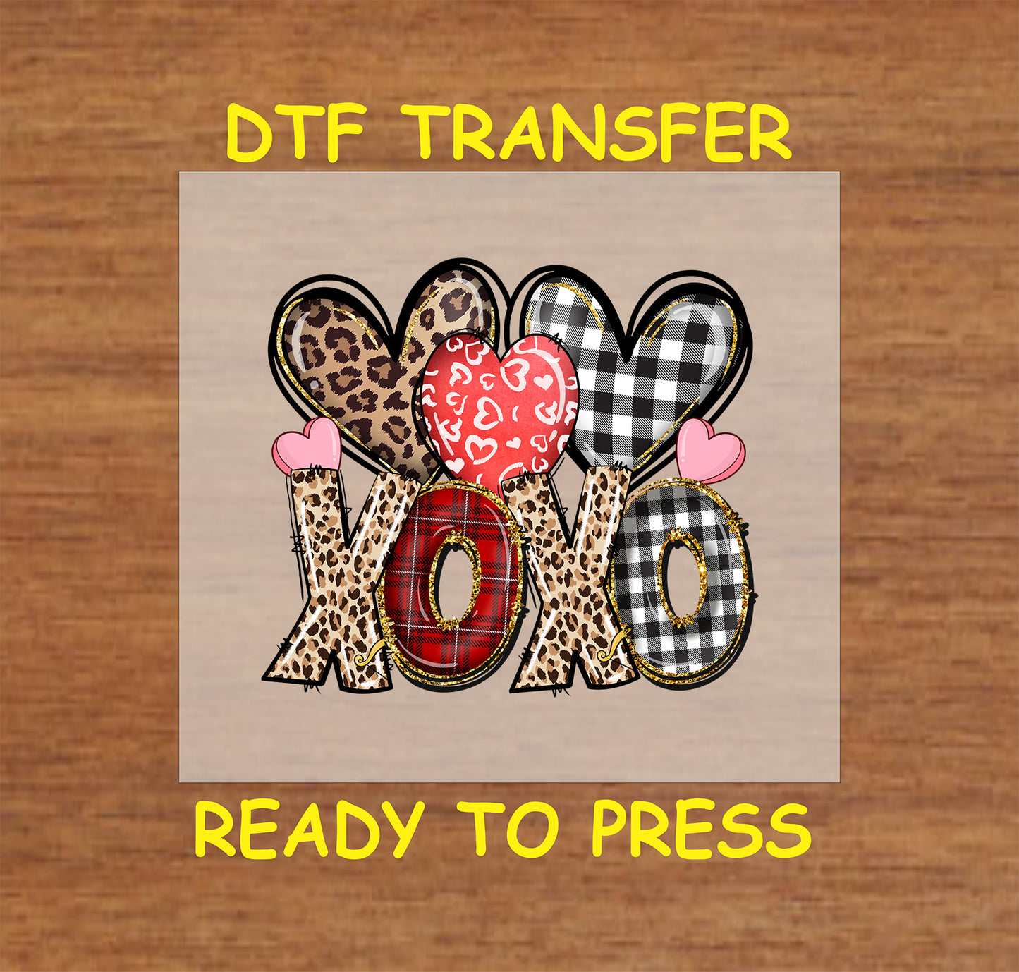 "Plaid and Leopard Hearts XOXO DTF Transfer featuring trendy prints and Valentine's Day theme."

