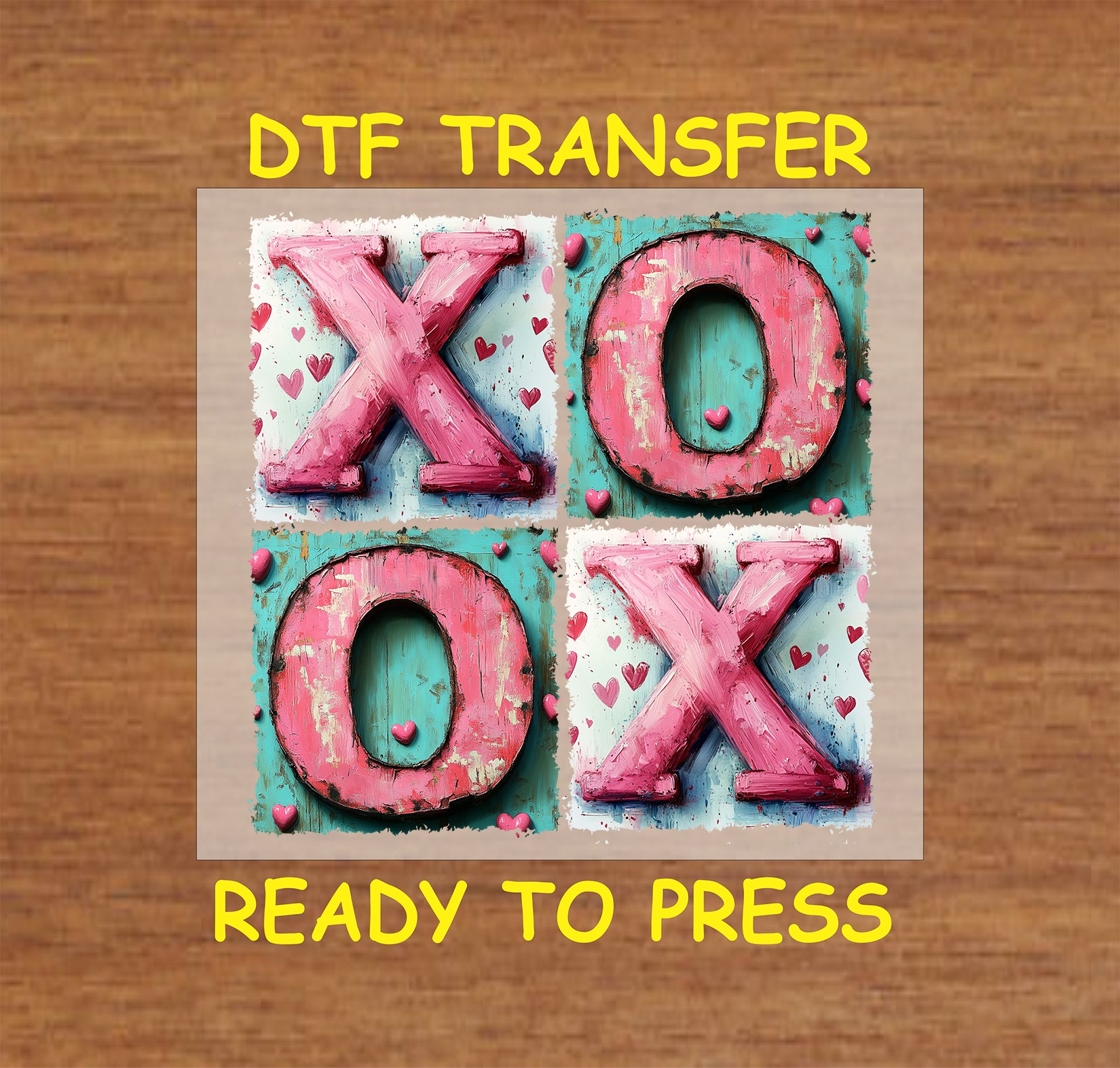 "Rustic XOXO DTF Transfer with textured pink letters, teal backgrounds, and scattered hearts for Valentine's Day."

