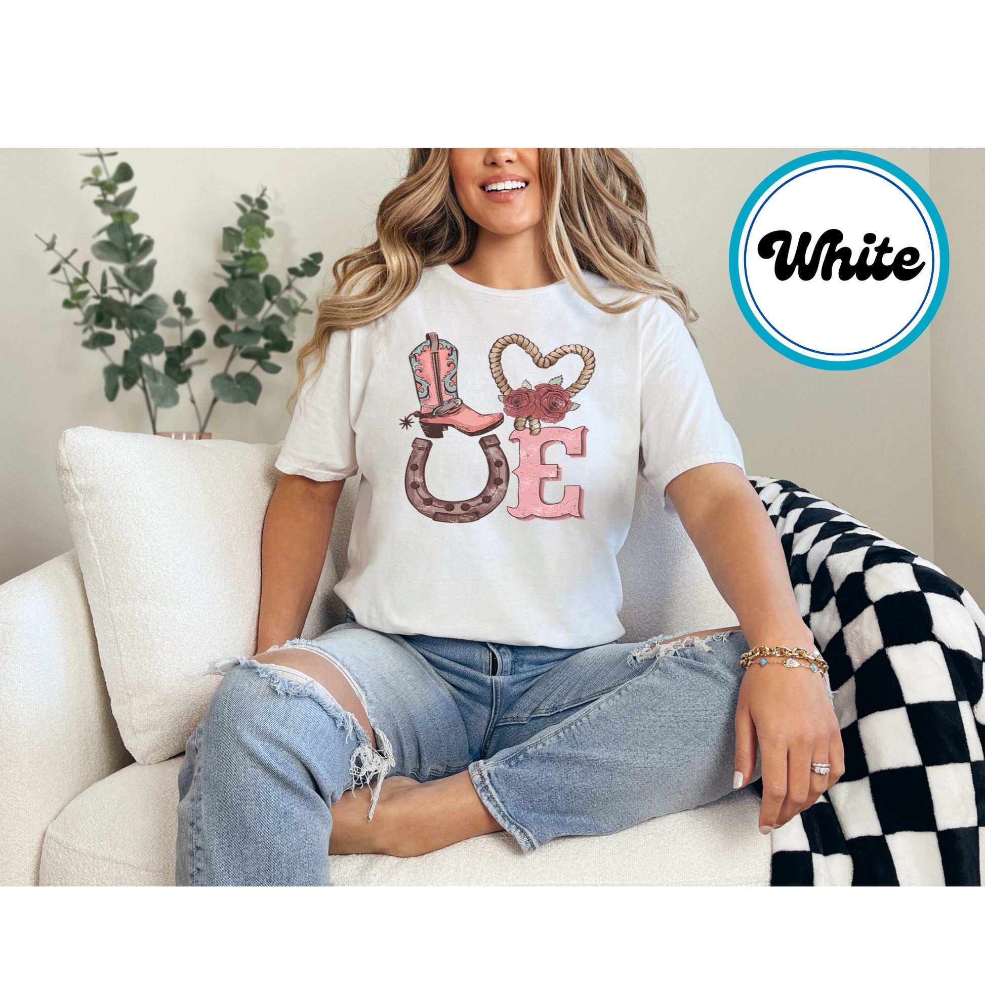 Western Love design with a cowboy boot, horseshoe, and rope heart with roses.