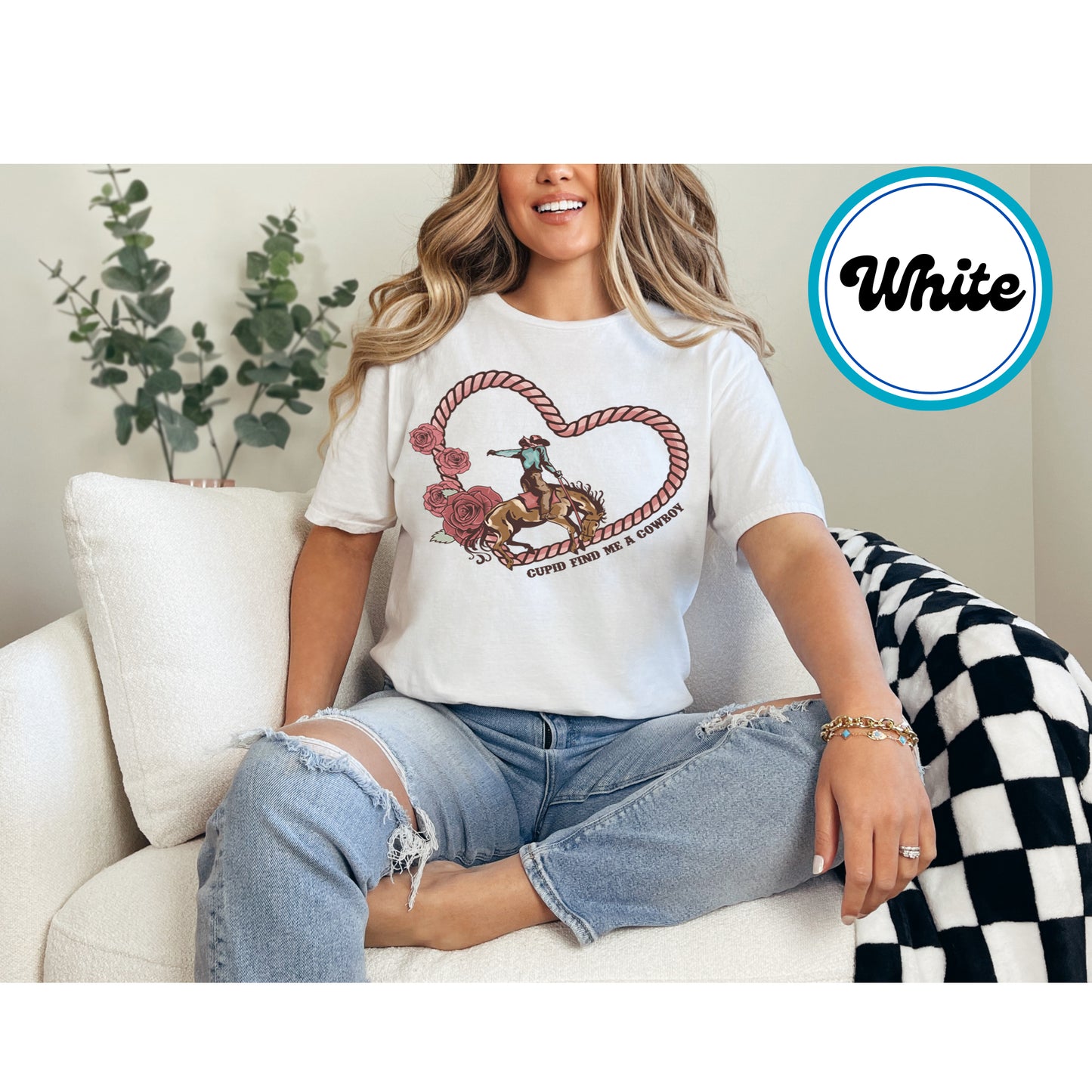 Western Valentine’s design with a cowboy riding a horse inside a heart-shaped rope.