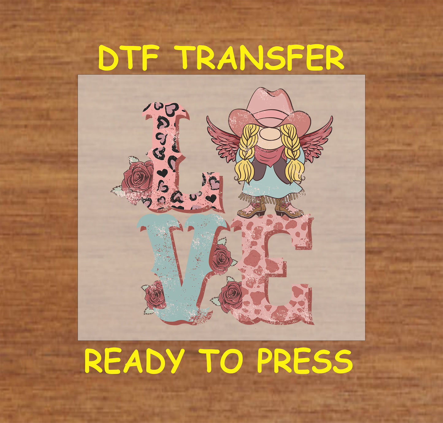 Western Valentine DTF transfer with LOVE letters, a cowgirl with braids, leopard print, and roses.