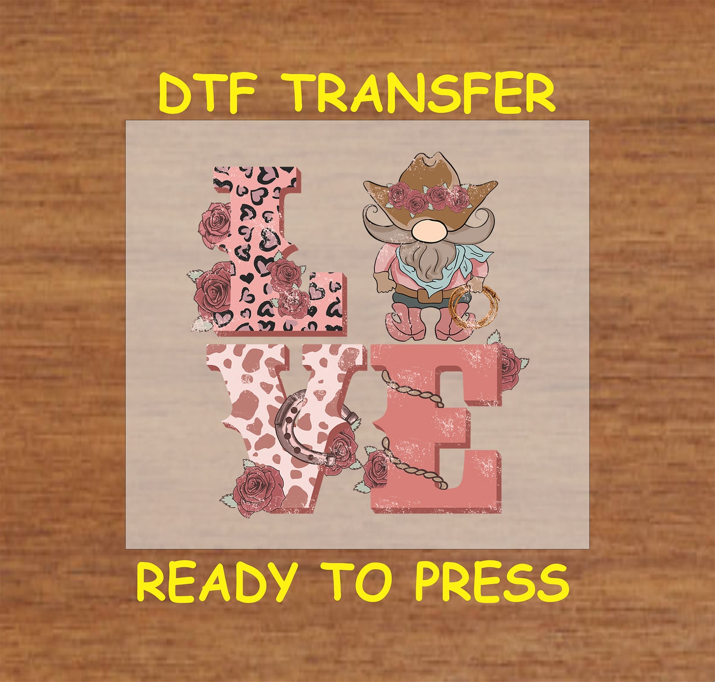 Western Valentine DTF transfer with cowboy gnome, lasso, leopard print, and roses.