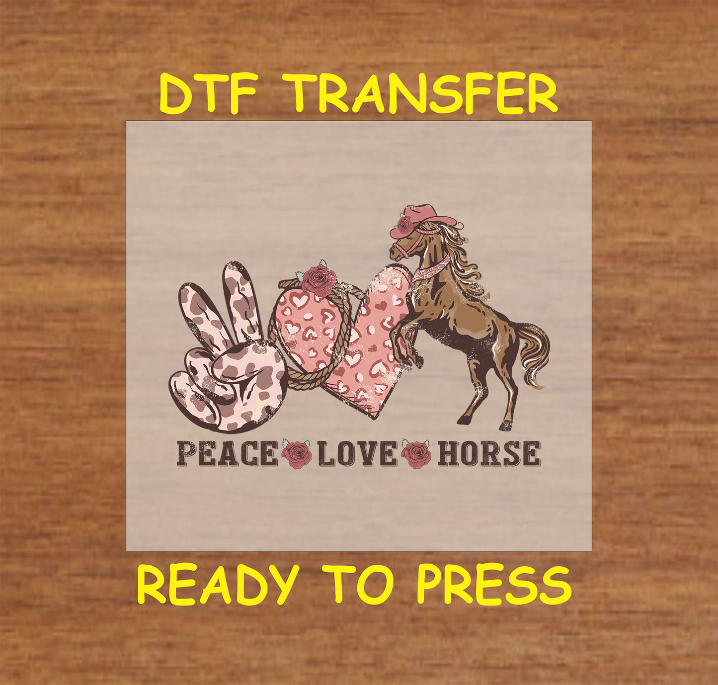 Western Valentine DTF transfer with peace sign, rope hearts, and cowboy horse.