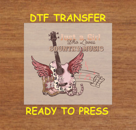 Western country music DTF transfer with a guitar, angel wings, cowboy boots, and horseshoe.