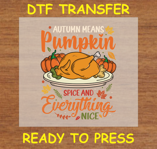 'Autumn Means Pumpkin Spice and Everything Nice' DTF transfer with turkey and pumpkins ready to press