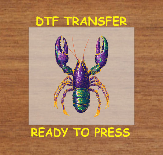 Mardi Gras DTF transfer with a glittery purple, gold, and green crawfish design.