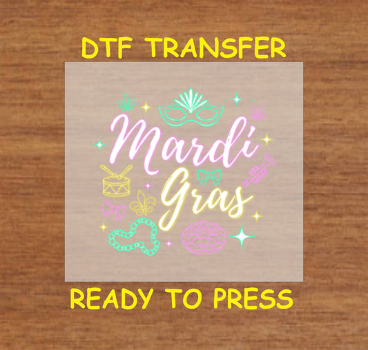 Neon Mardi Gras DTF transfer with glowing mask, beads, and festive icons.