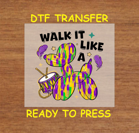 Mardi Gras balloon dog DTF transfer with parade-themed design and festive colors.