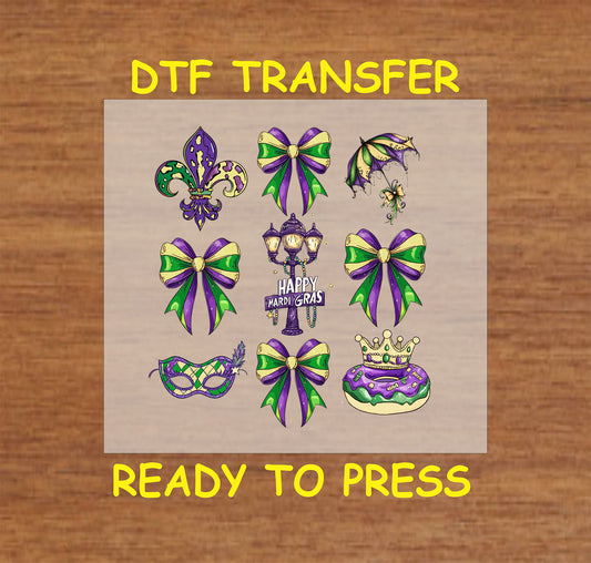 Mardi Gras elements DTF transfer with bows, masks, fleur-de-lis, street lamp, and festive symbols.