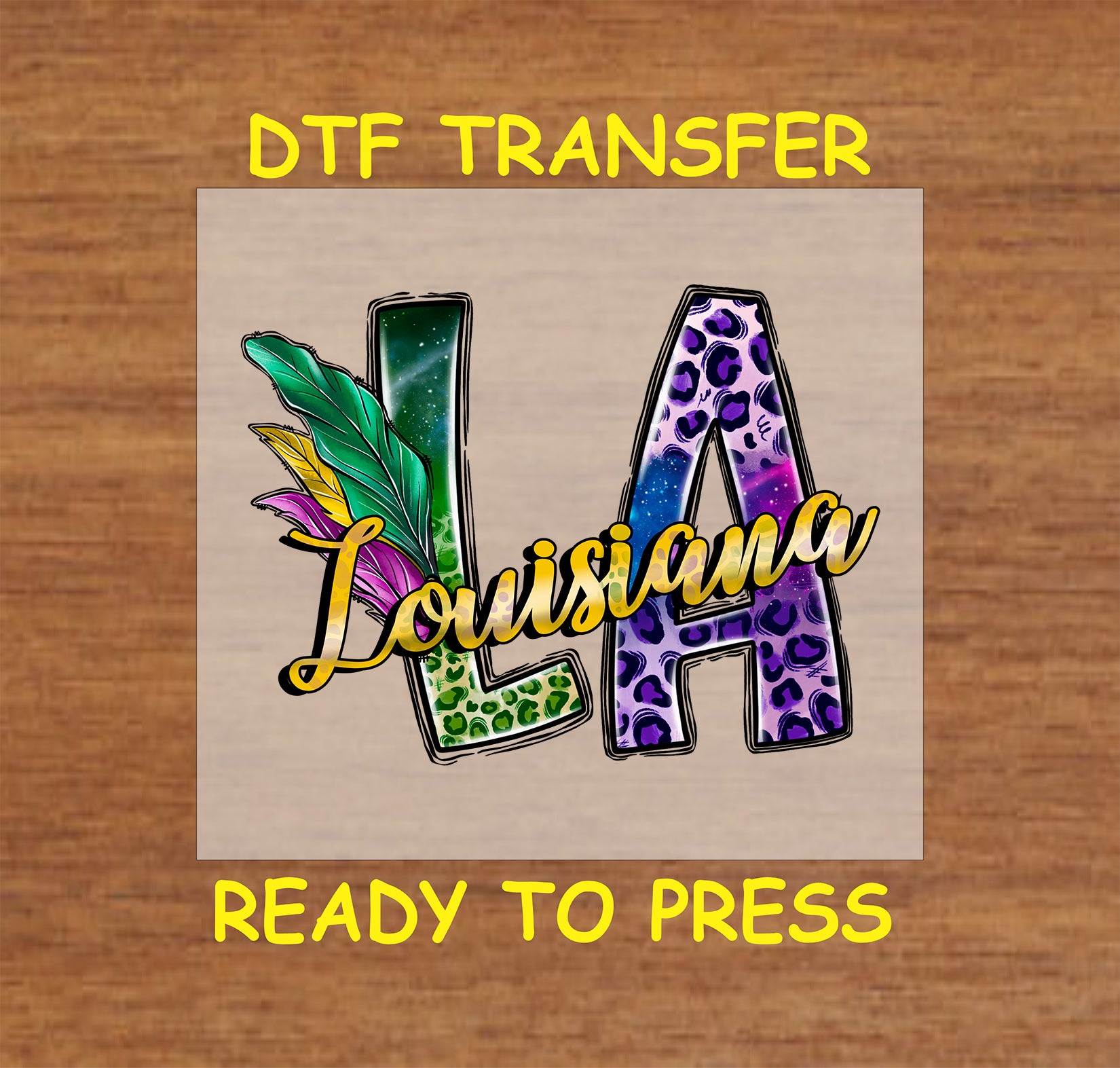 Louisiana Mardi Gras DTF transfer with LA letters, animal print, and feathers.