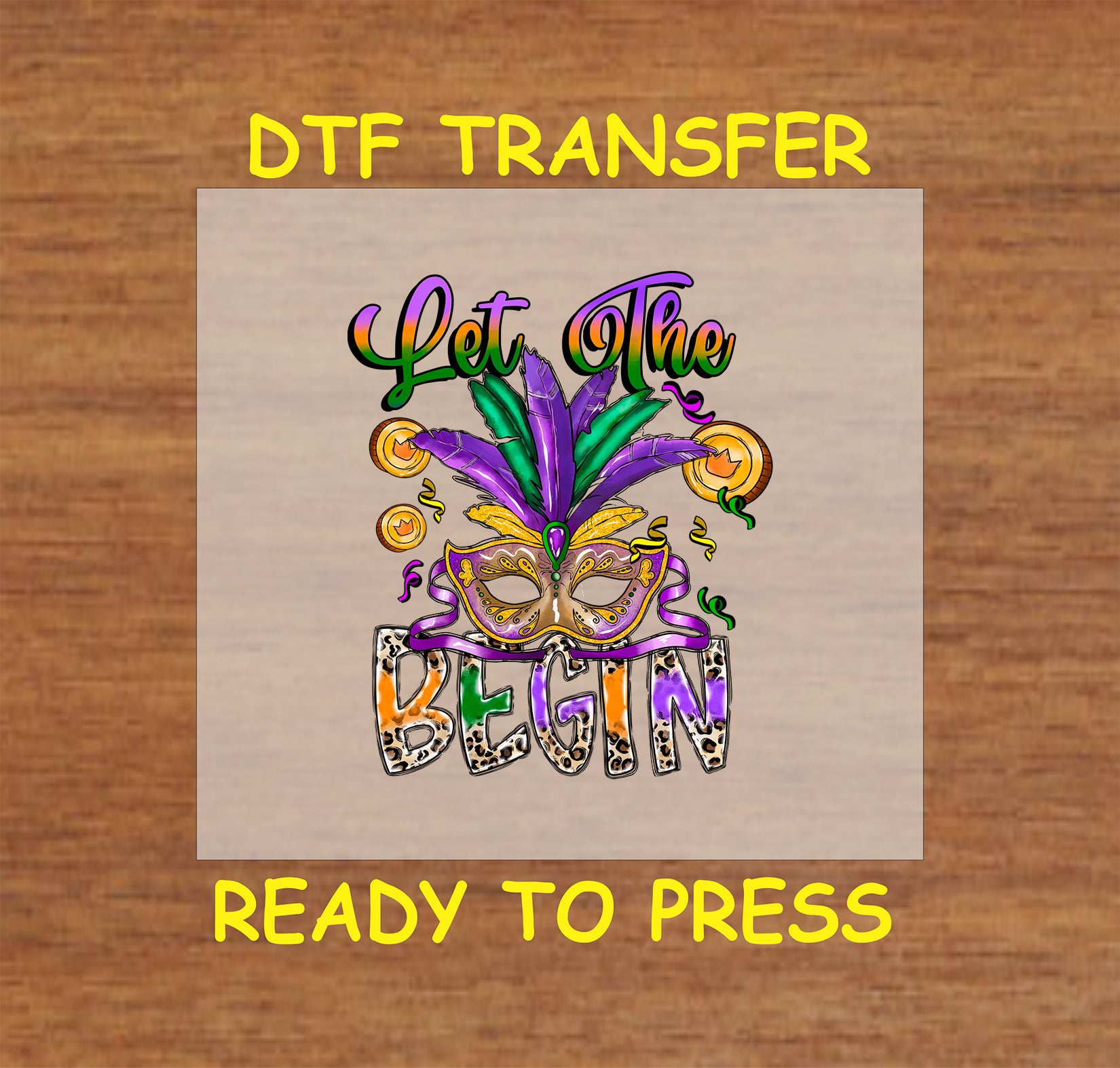 Mardi Gras DTF transfer with festive mask, feathers, and gold beads.