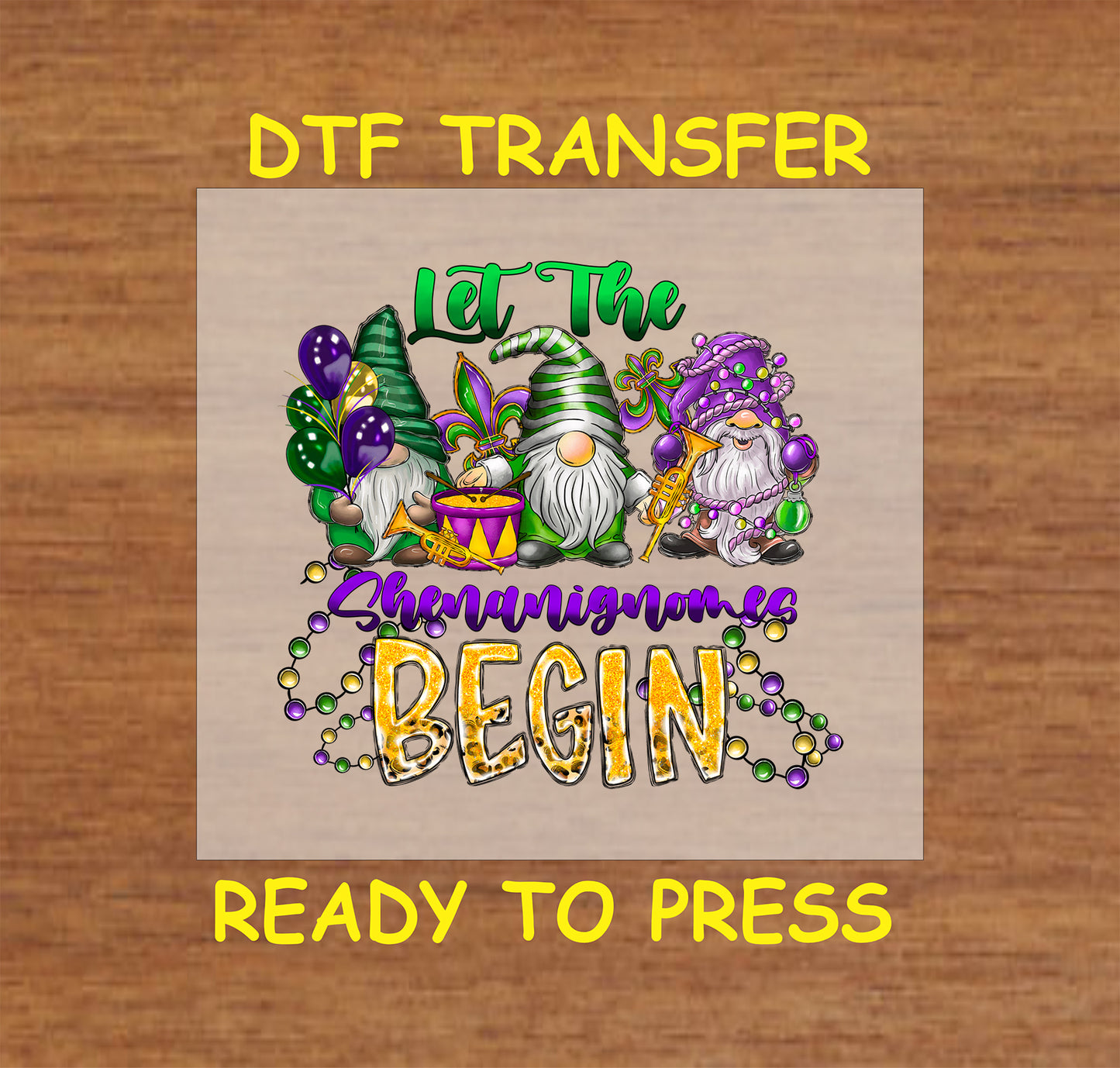 Mardi Gras DTF transfer with festive gnomes, beads, and musical elements.