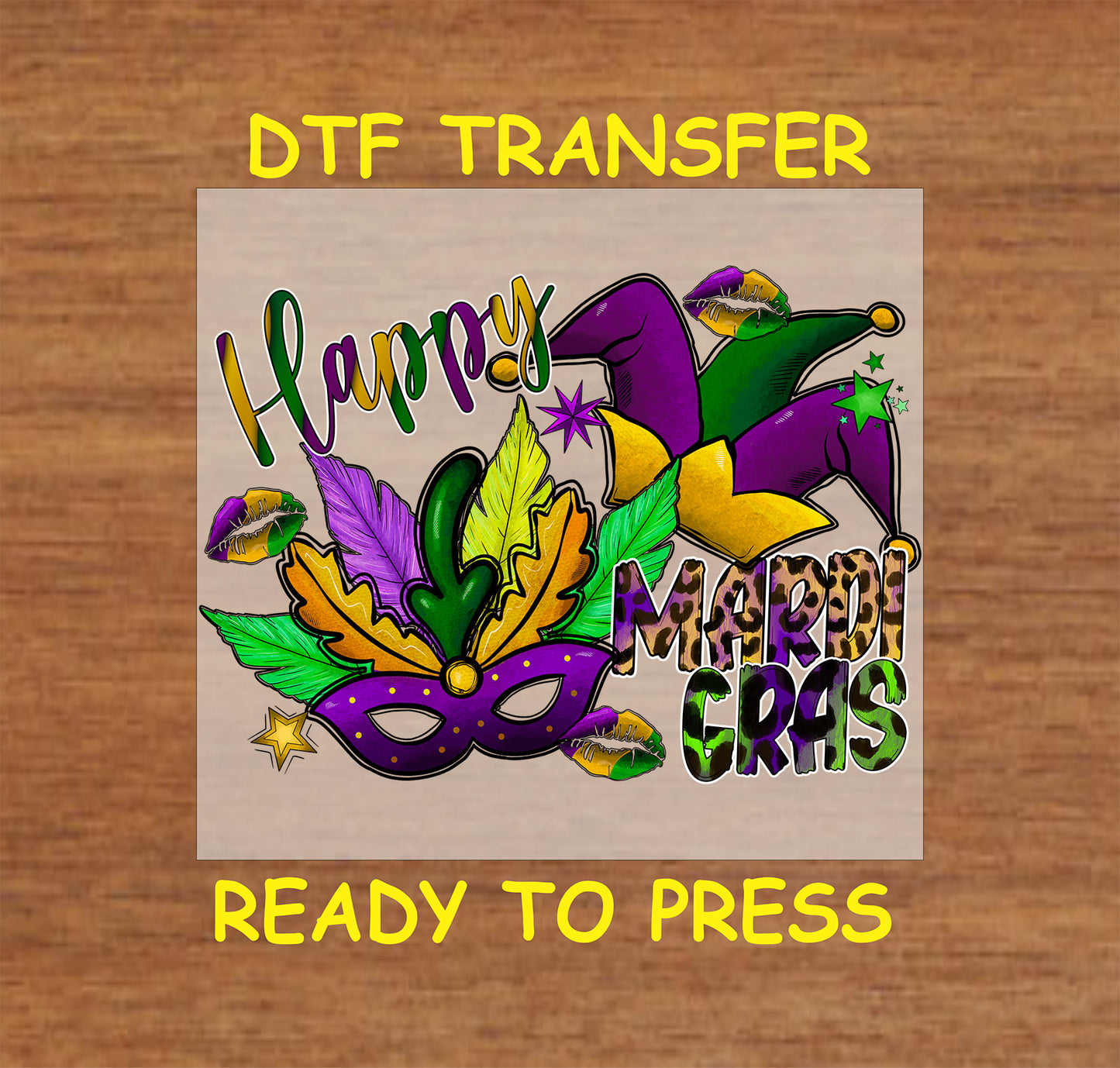 Mardi Gras DTF transfer with a jester hat, masquerade mask, feathers, and festive colors.