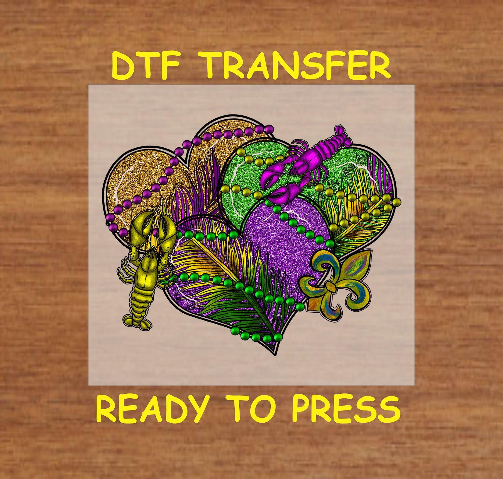 Mardi Gras DTF transfer featuring a heart made of beads, masks, and festive elements.