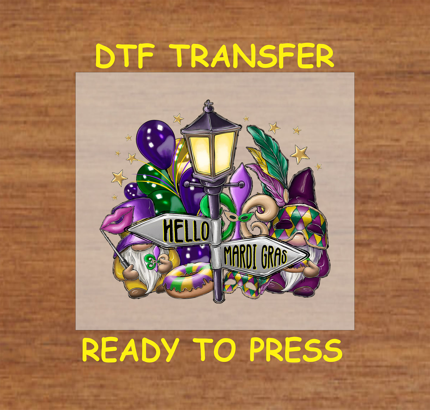 Mardi Gras DTF transfer with a glowing street sign, gnomes, masks, beads, and festive elements.