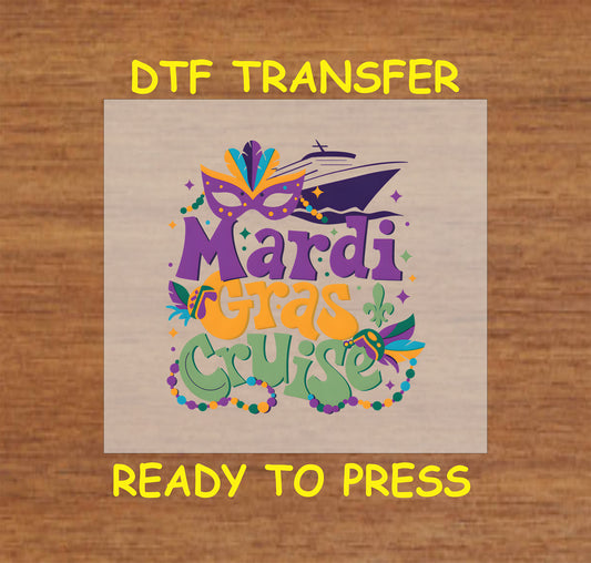 DTF transfer with a cruise ship, festive mask, and Mardi lettering in bold colors.