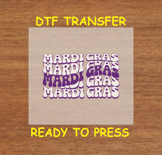 DTF transfer featuring bold, wavy Mardi text in a retro-style font.