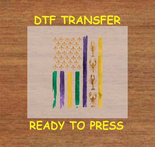 Mardi Gras-themed flag DTF transfer with fleur-de-lis, crawfish, and colorful stripes.