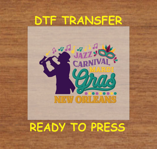 Mardi Gras DTF Transfer Iron On Heat Transfer - Ready to Press, "Mardi Gras Jazz Carnival" 3996