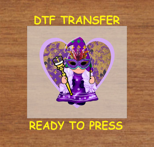 Mardi Gras princess DTF transfer with a masquerade mask, scepter, and heart background.