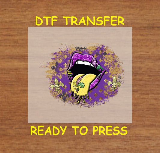 Mardi Gras DTF transfer with glittery purple lips, gold dripping tongue, and fleur-de-lis details.