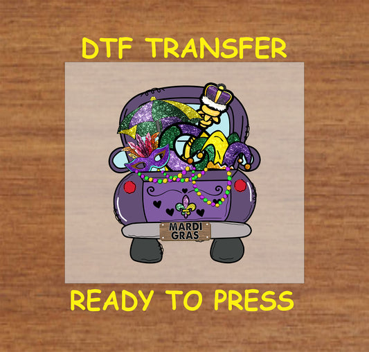 Mardi Gras truck DTF transfer with masks, beads, umbrella, and jester hat.