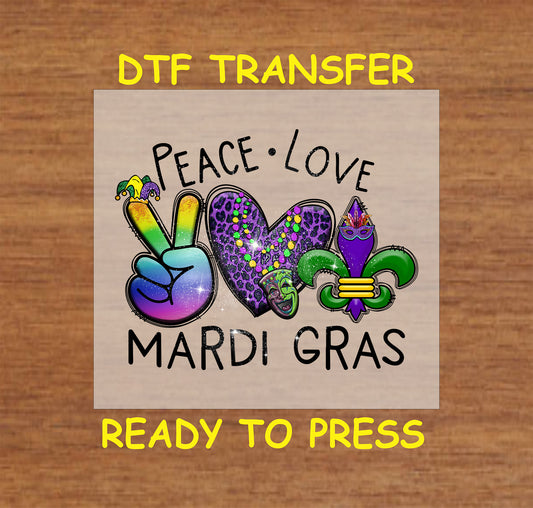 Peace Love Mardi Gras DTF transfer with glittery peace sign, leopard heart, and fleur-de-lis.