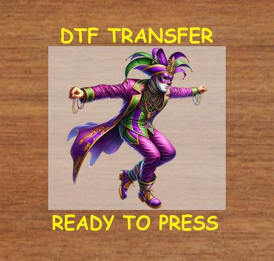 Mardi Gras Jester DTF transfer with a masked performer in purple, green, and gold.