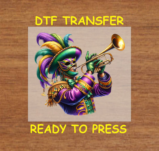 Mardi Gras trumpet player DTF transfer with a masked musician in festive colors.