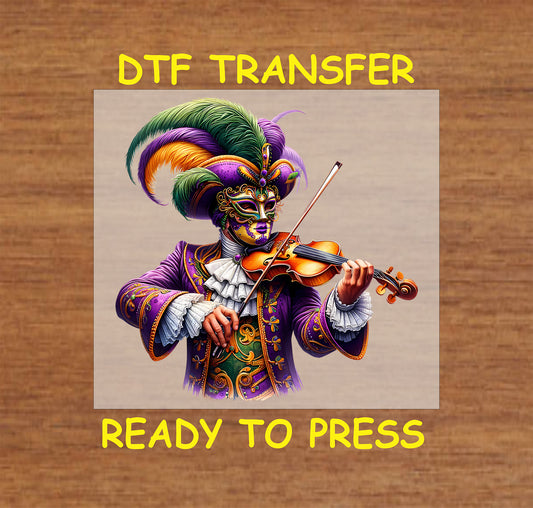 Mardi Gras violin player DTF transfer with a masked musician in festive colors.