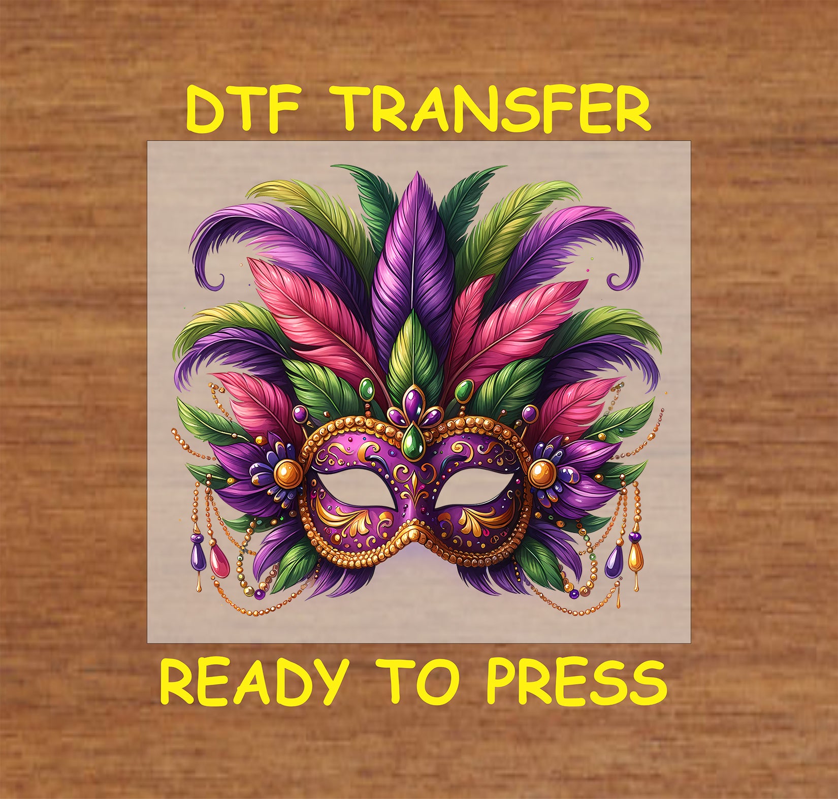 Mardi Gras feathered mask DTF transfer with gold bead accents and vibrant colors.