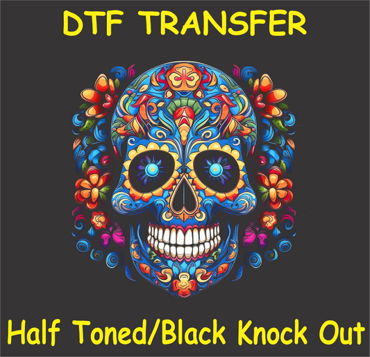 DTF transfer design featuring a vibrant sugar skull with intricate floral patterns in a half toned/black knockout style.