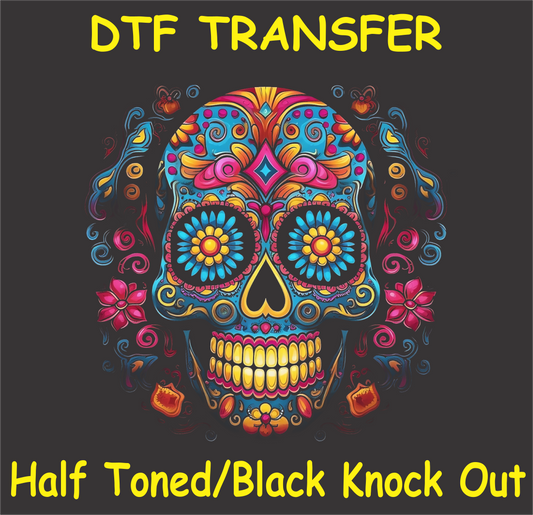 DTF transfer design featuring a single vibrant sugar skull with intricate floral patterns in a half toned/black knockout style.