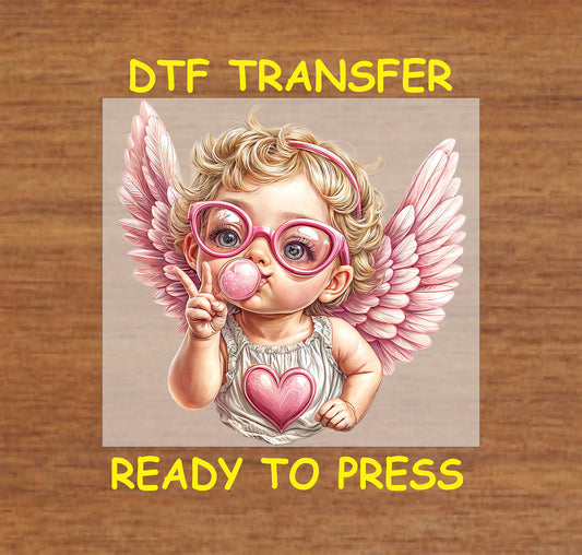 Baby cupid with pink wings, heart glasses, and a bubblegum pop, wearing a heart tank top.