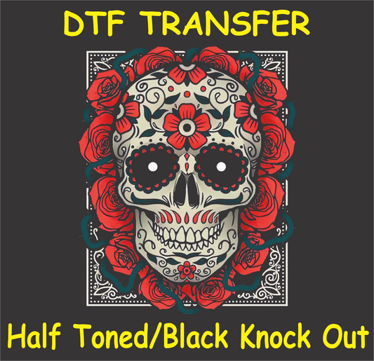 DTF transfer design featuring a vibrant sugar skull with intricate floral patterns and red roses in a half toned/black knockout style.