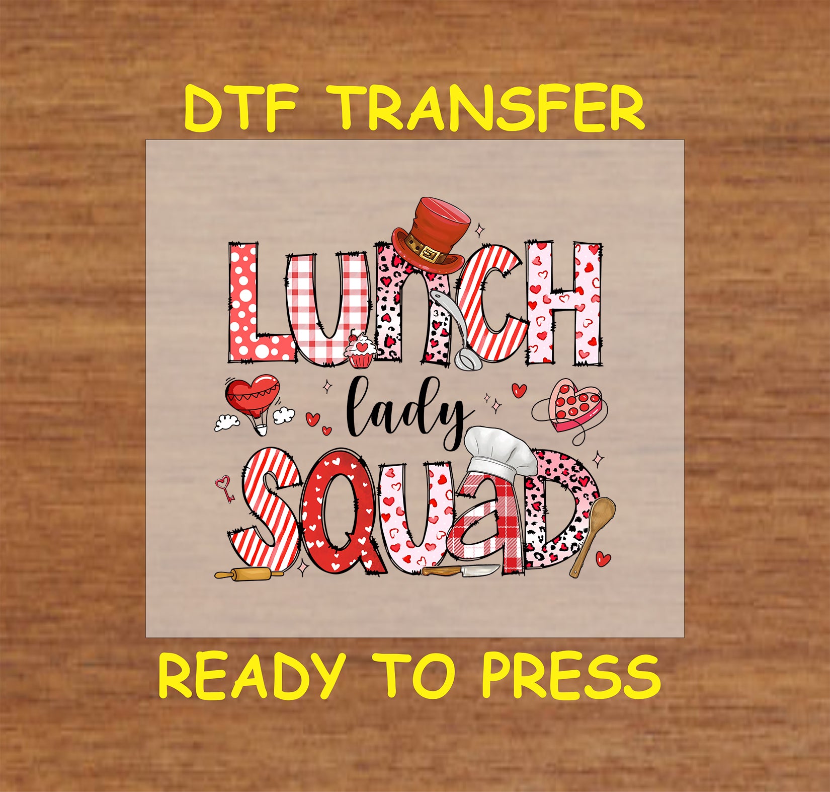 "Lunch Lady Squad" text with kitchen-themed elements and hearts.